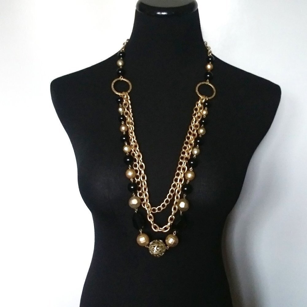 Boho Necklace multi-strand black gold beaded